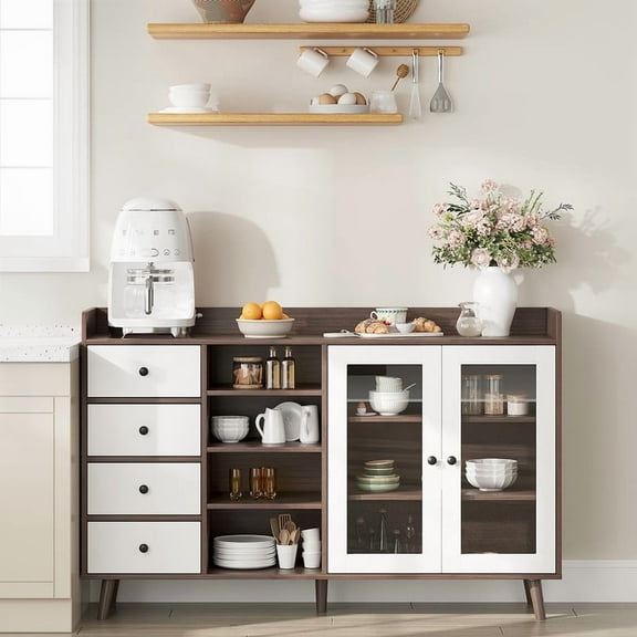 Towallmark 55" Buffet Cabinet Sideboard with Storage, Farmhouse Coffee Bar Station with Glass Doors & Adjustable Shelves, Wood Kitchen Cabinets Large Sideboard Buffet Storage Cabinet, Walnut