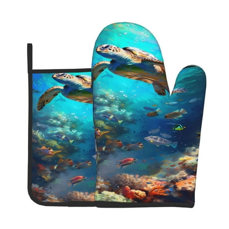 

Jgfou Underwater Fish Turtle Pattern Oven Mitts and Pot Holders Sets Heat Resistant Oven Mittens Soft Lining Extra Thicken Long Kitchen Cotton Oven Glove for Cooking