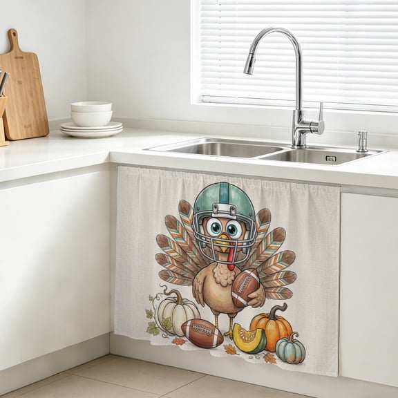 Cute Turkey Cabinet Curtains for Kitchen 28"Wx35"L, Fall Vintage Orange Cream Pumpkin Maple Leaves Football Farmhouse Sink Skirt Magic Tape Short Curtain Decorative Privacy Panel for Bathroom Laundry