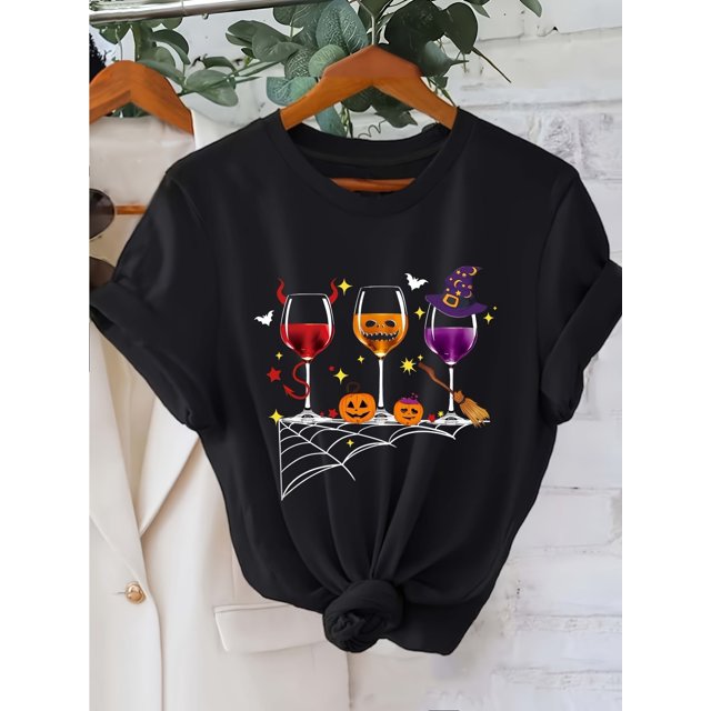 Women's Halloween Wine Graphic Print T-Shirt - Black Casual Short Sleeve Crew Neck Top with Pumpkin, Bat & Spiderweb Design, Machine Washable Regular Fit for all-Season Wear, Festive apparel