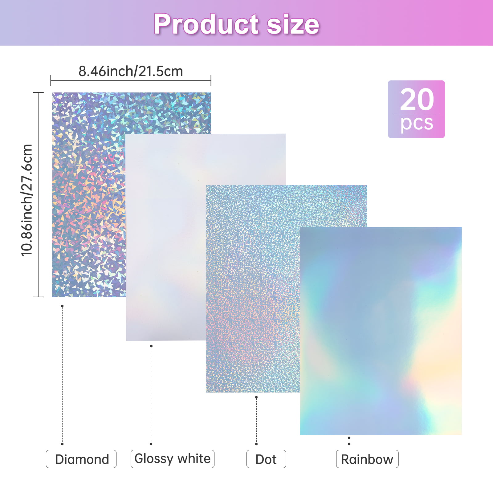  NEWEST 20 Sheets Holographic Sticker Paper, A4 Vinyl Sticker  Paper Self Adhesive Holographic Laminate Sheets for Inkjet & Laser Printer,  Waterproof Holographic Overlay Film for DIY Projects : Office Products
