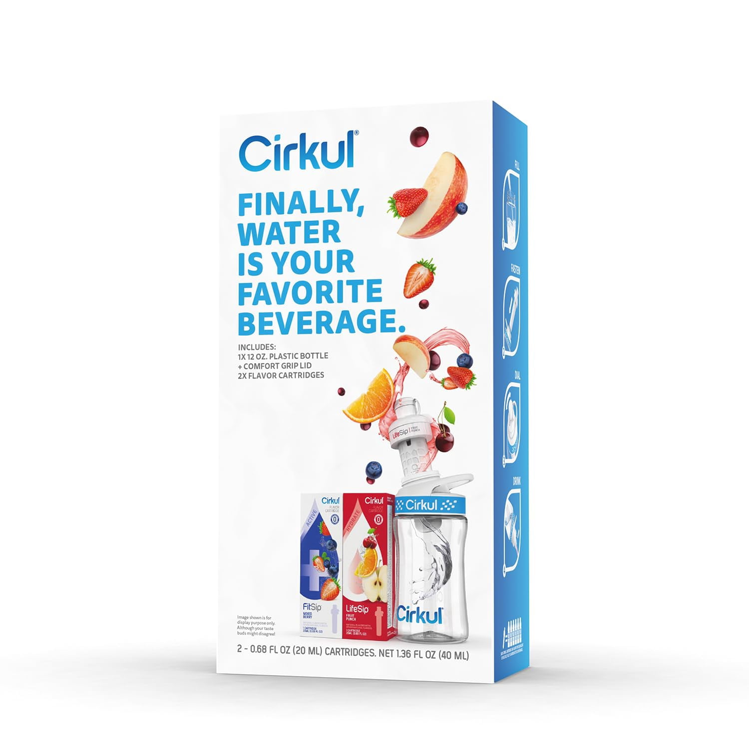 Cirkul 12oz. BPA-Free Plastic Water Bottle Starter Kit with Blue Lid, 2 Flavor Cartridges (1 LifeSip Fruit Punch and 1 FitSip Mixed Berry) Zero Calories and No Sugar