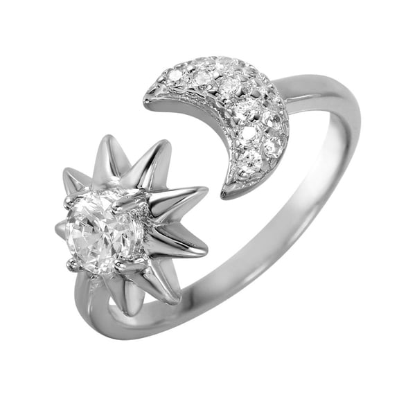 Rhodium Plated Sterling Silver 925 Sun Moon Adjustable Ring Band White CZ Jewelry Female Size 8