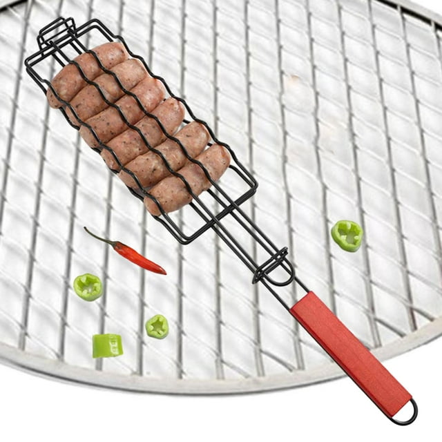 Cesta para asar perros calientes, cesta para parrilla de barbacoa con mango de madera, parrilla para Picnic, soporte con Clip de malla para asar carne shamjiam cestas para asar brochetas