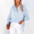 thumbnail image 2 of Mohiass Women's Smocked Cuffed Striped Boyfriend Shirt with Pocket Casual Collar Long Sleeve Blouse Tops for Pocket Shirred Light Blue L, 2 of 8
