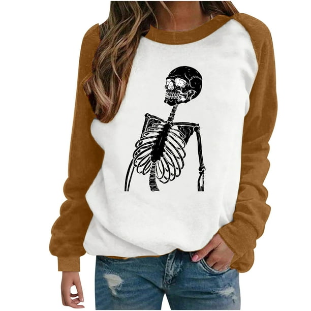 Blusa de manga larga con estampado de esqueleto de Halloween a la moda para mujer, suéter informal con cuello redondo, Tops, camisetas Fridja fjkfkj6824