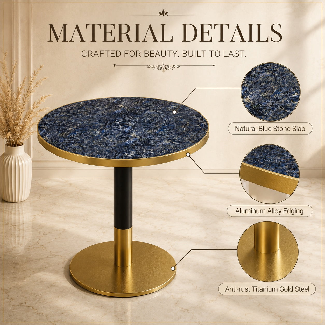 Aukfa 31.5" Round Sintered Stone Dining Table for 2-4, Kitchen Table Tulip Table with Gold Pedestal Base for Bistro Small Apartment,Sapphire Blue