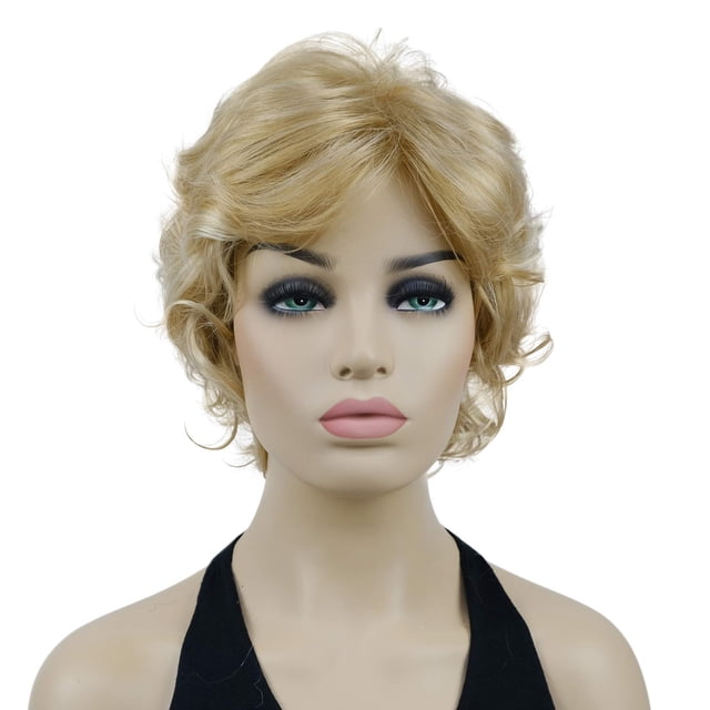 Lydell Peluca corta ondulada y rizada para mujer, pelo sintético, peluca completa, reflejos rubios, 6 pulgadas