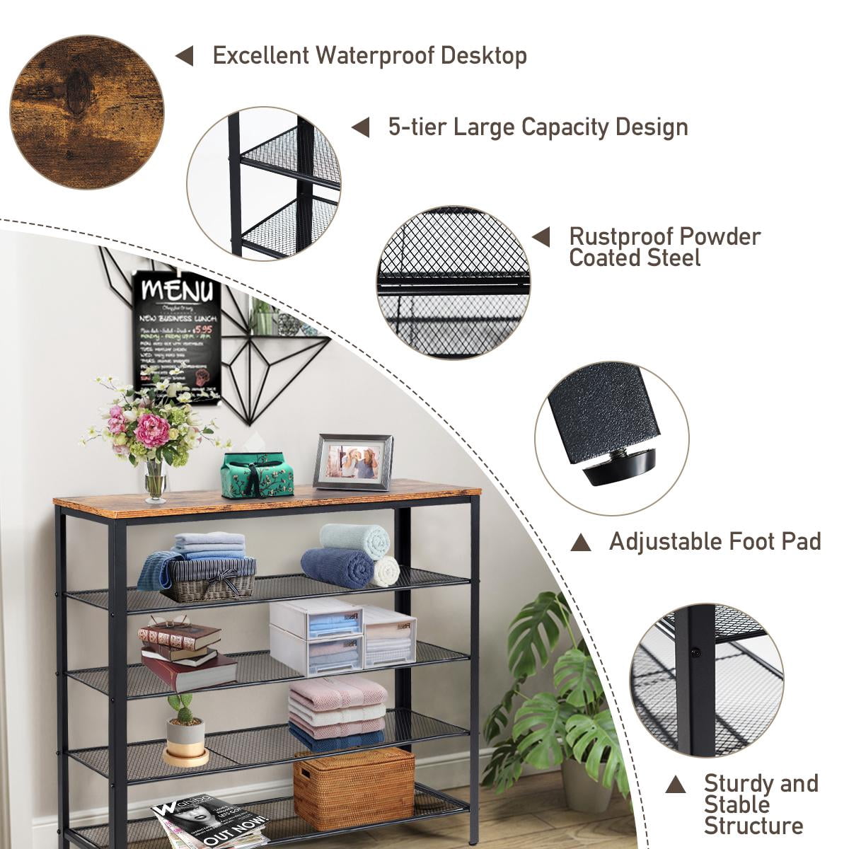 Giantex 5-Tier Shoe Rack, Industrial Metal Shoe Storage Organizer w/ 4 Metal Mesh Shelves for 16-20 Pairs, Multi-Functional Shoe Tower w/ Sturdy Frame for Entryway, Bedroom, Rustic brown