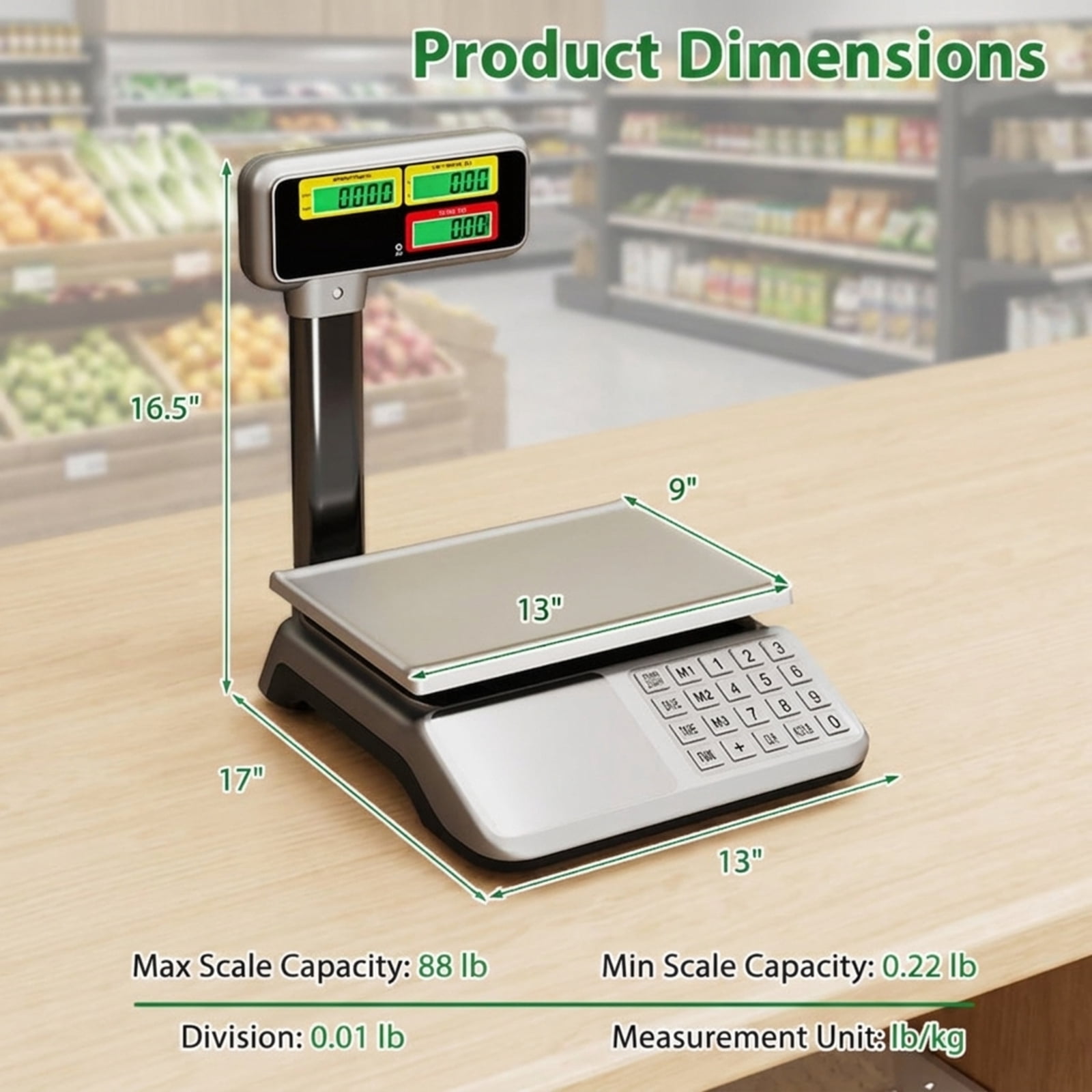 RUIE 88lb Price Computing Scale with Pole Dual LCD Display, Digital Commercial Food Scale with Counting Function and Rechargeable Battery for Deli Market Grocery Store, Silver