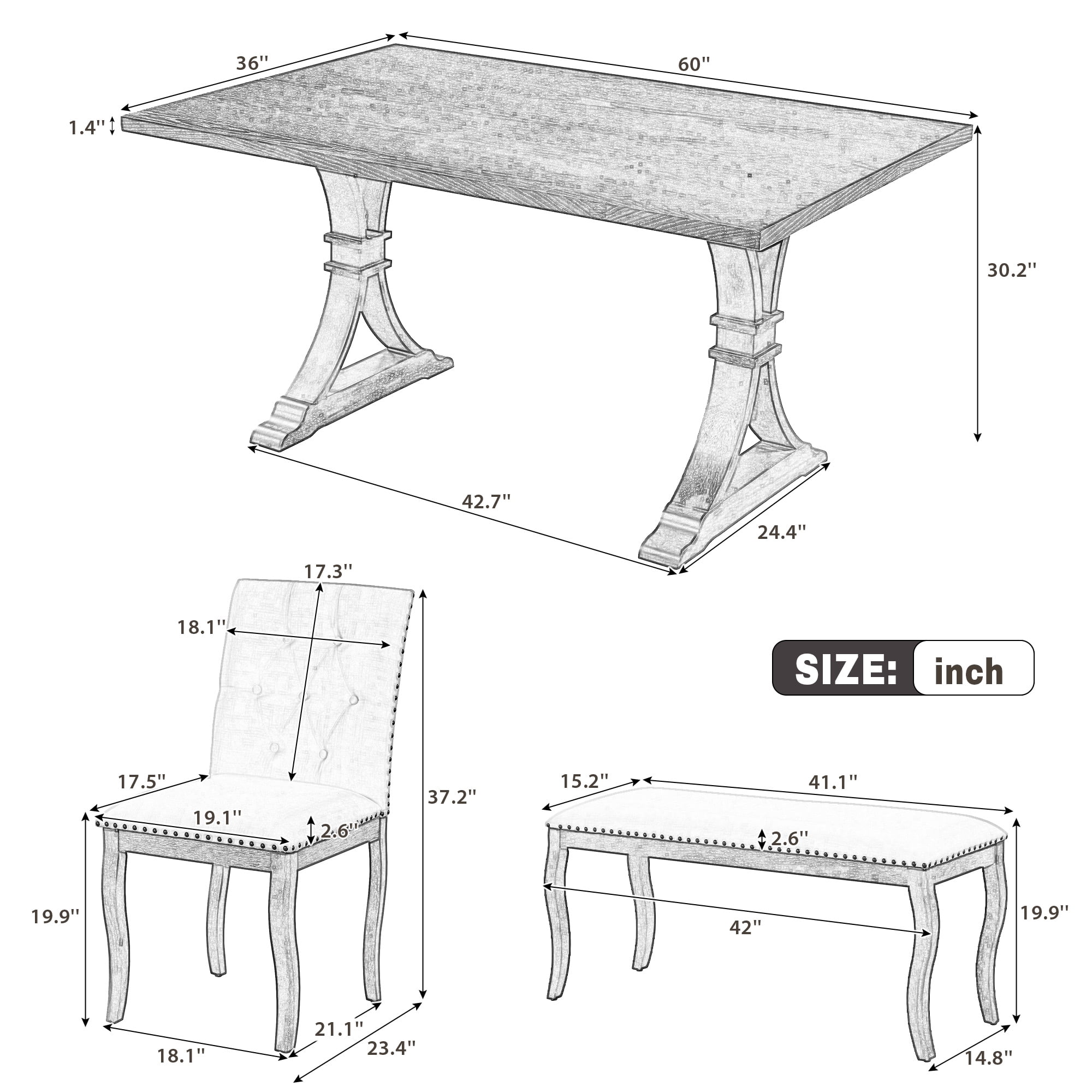6-Piece Dining Table Set for 6 , 60" Large Rectangular Table with 4 Upholstered Chairs and Bench
