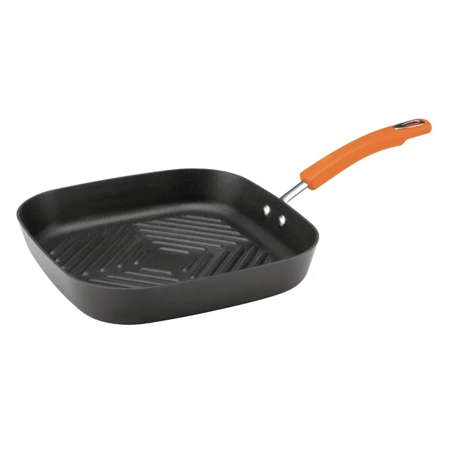 

11-Inch Hard-Anodized Nonstick Deep Square Grill Pan Gray with Orange Handle