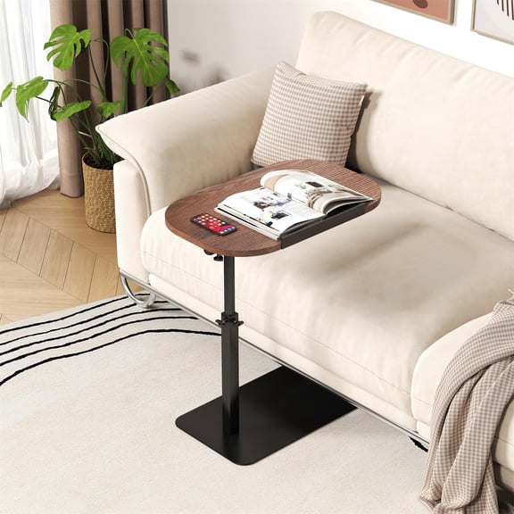 Modern C Shaped Height Adjustable Outdoor Side Table – 180° Rotating Folding Metal Base – Space-Saving End Table for Sofa, Bed, Patio, or Office – Laptop, Snack Tray – Walnut