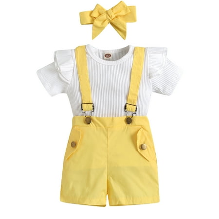 

Sunisery Kids Baby Girls Summer Clothes Solid Ruffle Short Sleeve T-shirt Tops Suspender Shorts Headband Set Yellow 3-4 Years