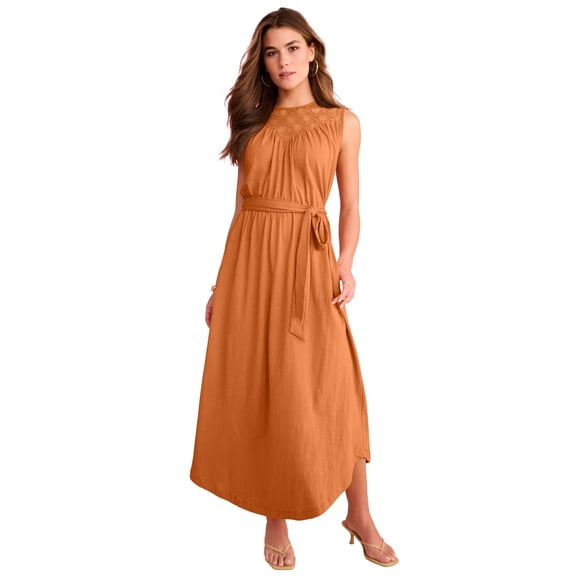 Roaman's Women's Plus Size Lace Yoke Sleeveless Maxi Dress