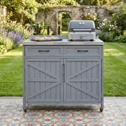 39.4" Outdoor Kitchen Island with Stainless Steel Top, Storage Cabinet with Drawer & Adjustable Shelves, Internal Racks, 4 Locking Wheels, BBQ Prep Cart for Patio, Garden,Grey and Blue