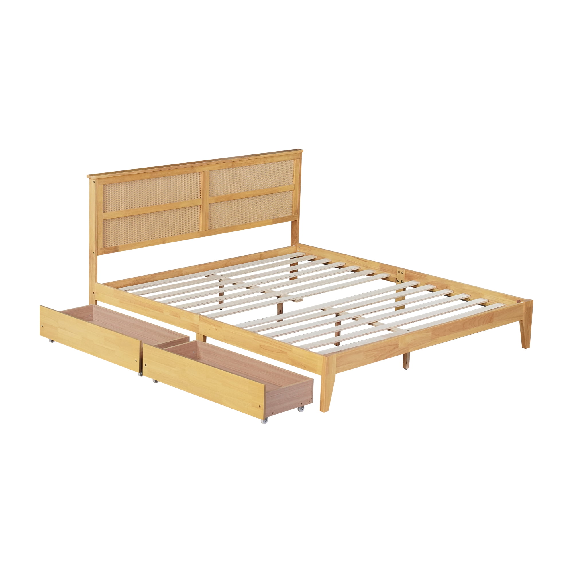 Leumius King Size Bed Frame with Rattan Headboard, Two Storage Drawers, Rubber Wood Bed with Enhanced Support Slats and Feet for Teens and Adults Oak