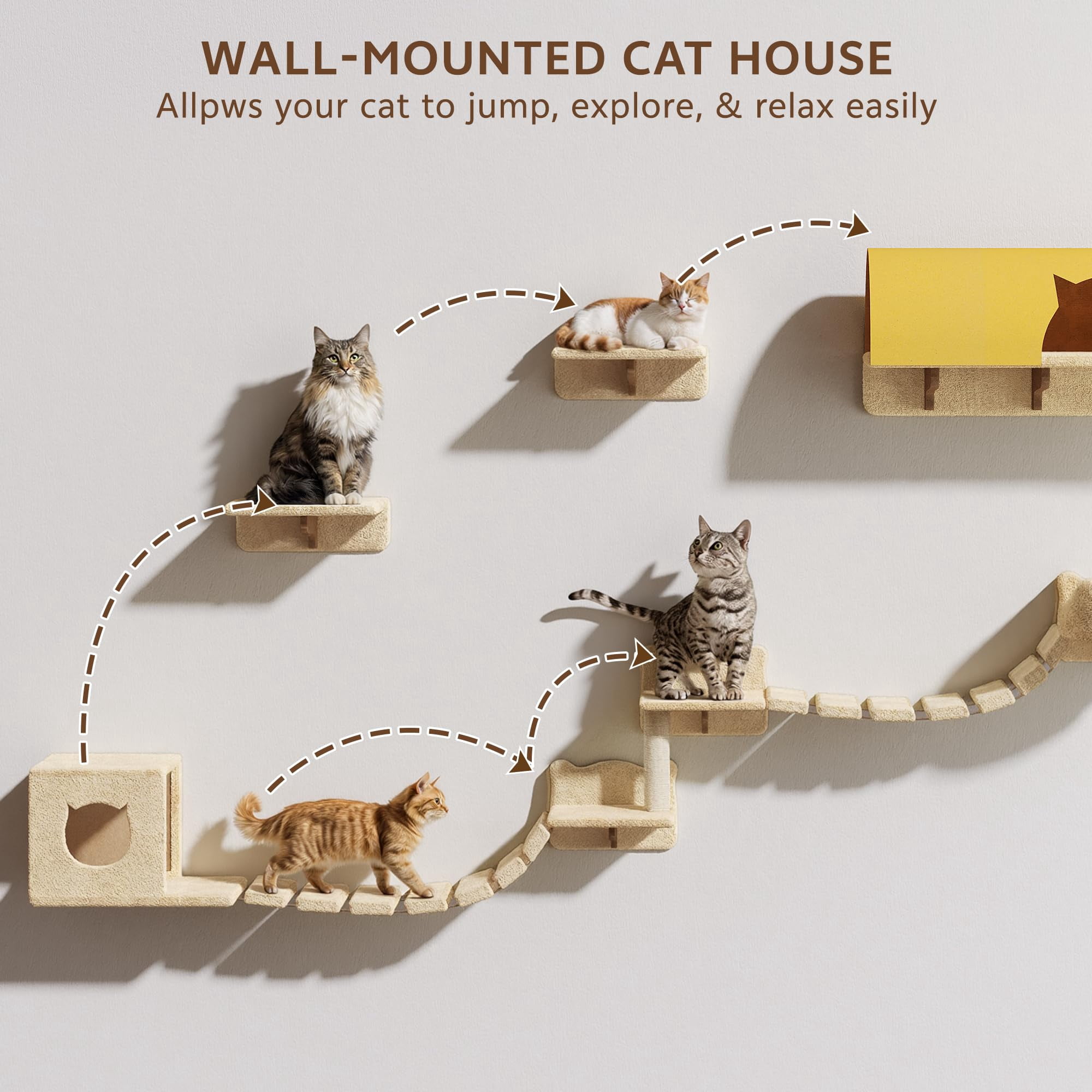 Cat Wall Shelves With Tree  26-in-1 Mounted Pet Furniture 40''l Tunnel Posts House Step And Floating Bridge Climbing Systems 63'' Cats Tower Beige