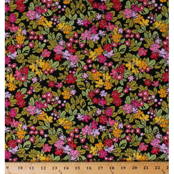 Cotton Leonora's Flowers Floral Pink Yellow Green on Black Cotton Fabric Print by the Yard (R&H-9001-5C-3)