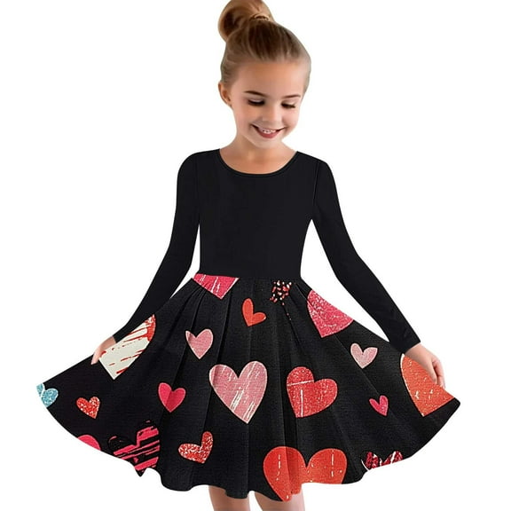 BLTIBY Toddler Valentine's Dresses Girls Gift Long Sleeve Heart Printed Dress Casual Birthday Party Sundress School Playwear Black 4-5 Years