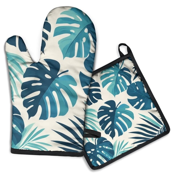 Tropical Palm Leaves in Hawaii Kitchen Oven Mitt and Pot Holder Sets 2 Pcs for Baking, Cooking and Grilling, Heat Resistant Up To 392 °F