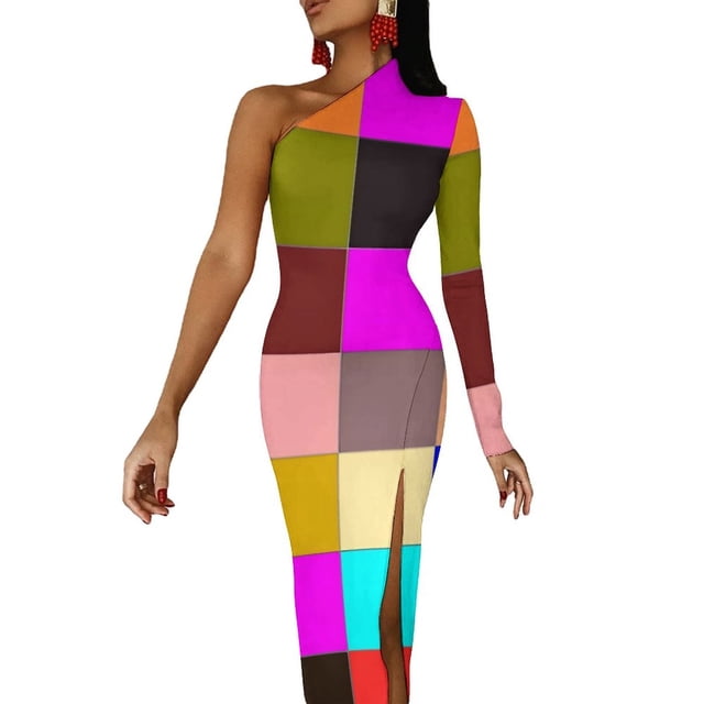 Vibrant Color Block Maxi Dress One Shoulder Abstract Geometric Aesthetic Bodycon Dresses Summer Dress Woman Pattern Vestido
