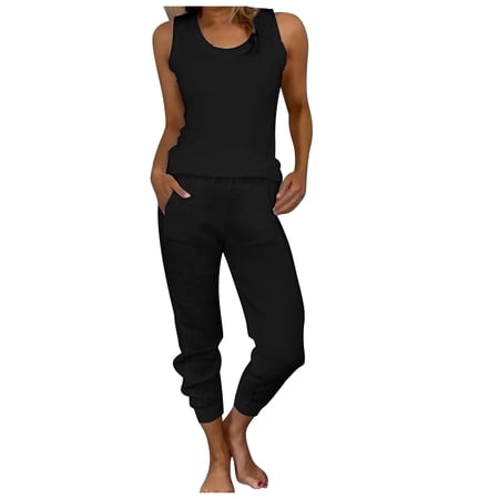 BYHONG Fall Outfits for Women 2024 Linen Vest and Drawstring Casual Pants Set Summer Sleeveless Top with Elastic Waist Trousers Two Piece Outfit Black XXXL