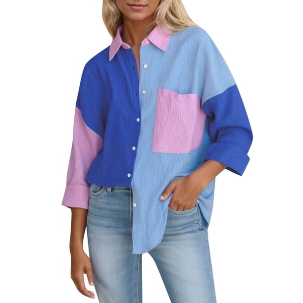 Camisa holgada de manga larga con bloques de color para mujer, estilo informal, para todas las estaciones, para uso diario, tallas S-XXL