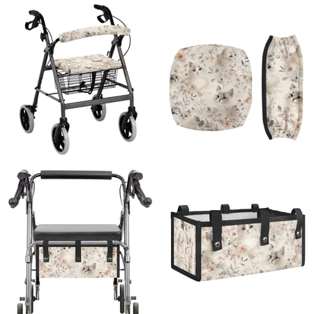 FOR U DESIGNS Flower Cat Print Rollator Walker Accessories Set, Elastic Walker Seat Cover Backrest Cover, Under-Seat Storage Bag Easy to Install Walker Accessories for Seniors