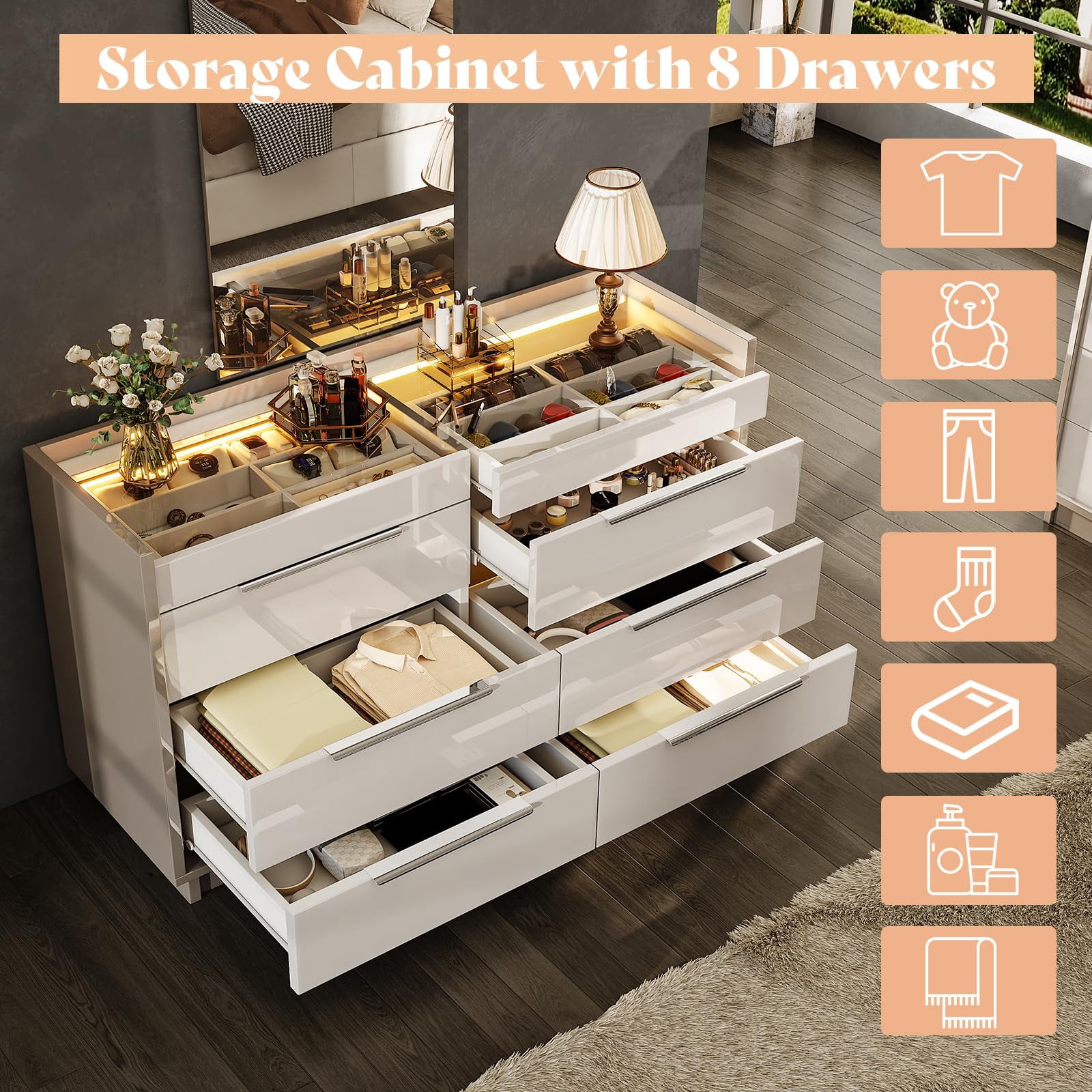 Papajet 47.2" W 8 Drawer Dresser with LED Light & Glass Top, Modern Storage Chest with 2 Jewelry Drawers, Storage Organizer for Bedroom, Cream & Grey