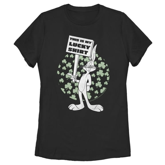 Women's Looney Tunes St. Patrick's Day Bugs Bunny This is My Lucky Shirt Graphic Tee Black Small