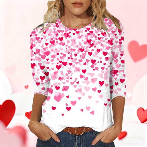 Womens Tops Plus Size 3/4 Sleeve Valentine's Day Printed Round Neck T-shirt Pink