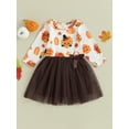 thumbnail image 2 of Toddler Baby Girls Thanksgiving Day Dress, PumpkinTurkey Print Tulle Patchwork Long Sleeve A-Line Dress with Bowknot, 2 of 7