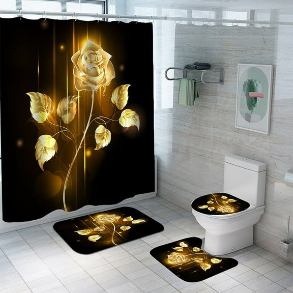 Golden Rose Shower Curtain Floral Fabric Hanigng Curtain With Bathroom Mat Set Toilet Lid Cover Anti-slip Floor Rug U-shaped Pad