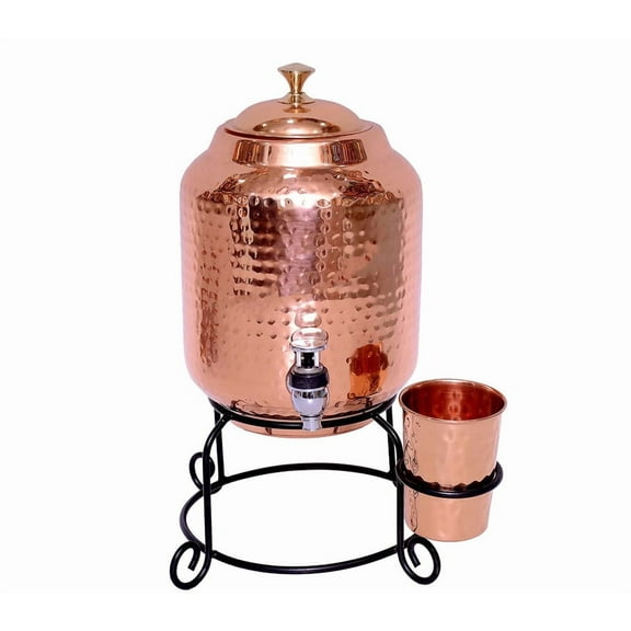 Pure Copper Water Dispenser Pot Matka Hammered with Stand for Storing Water and Drinking Purposes with Tap Gift Set 5 Liter