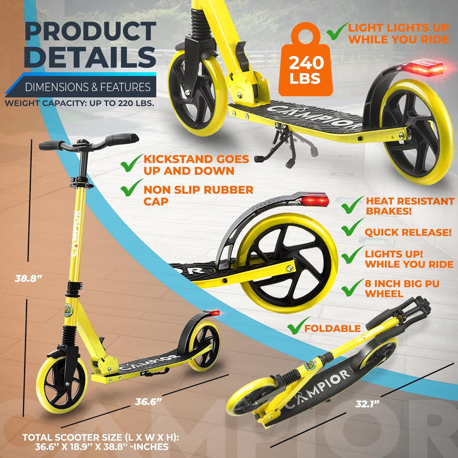 Campior Kick Scooter for Ages 6+, For Kids, Teens, and Adults, Max Load 240 LBS, Foldable, 8-inch Big Wheels for Kids and Adults, With Kickstand, 3 Adjustable Levels, Child Safety Approved, Yellow