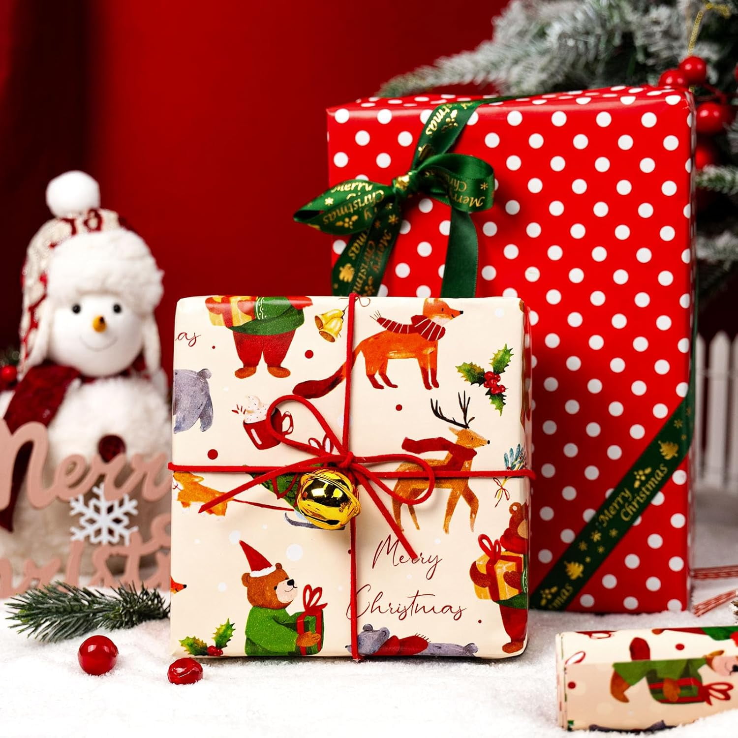 Christmas Wrapping Paper, Reversible Bear, Foxes have Christmas Design Gift Wrapping Paper Suitable for Holiday, Mini Roll (17 Inch X 32.8 Feet)