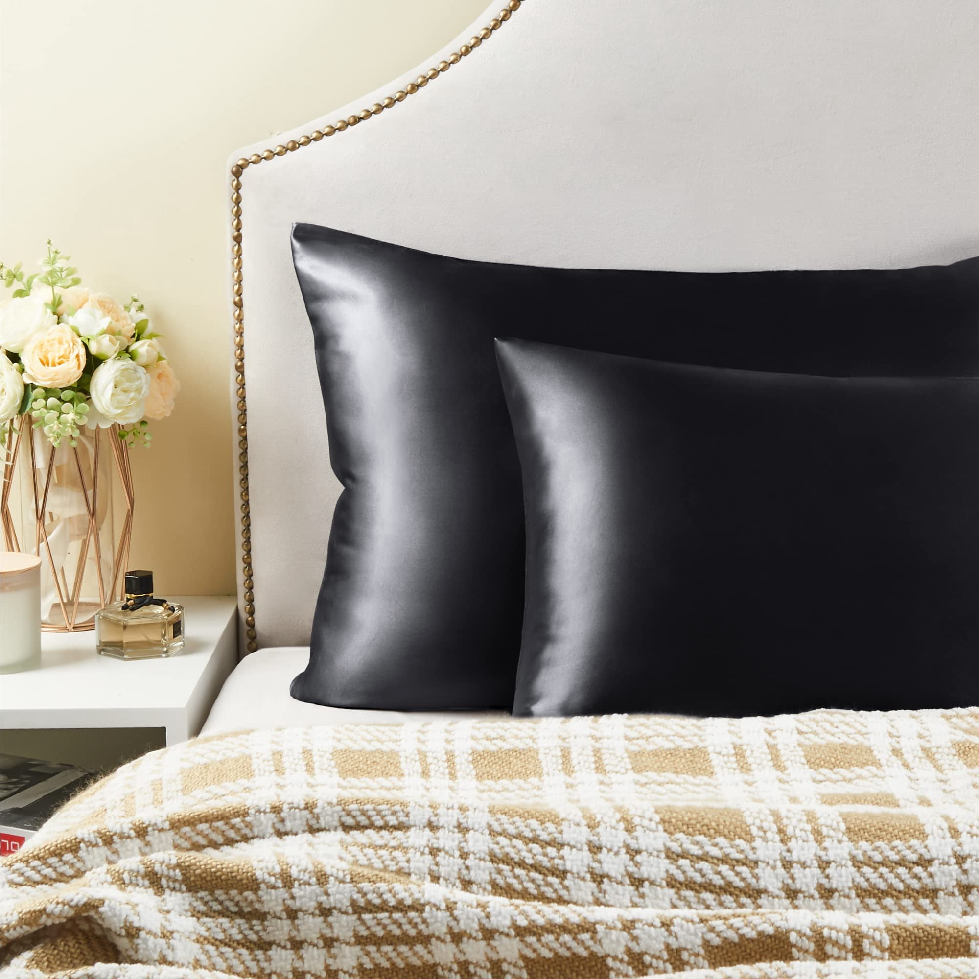 2 Pack Black Satin Pillowcase for Hair and Skin, Cooling Soft Silk Like Pillow Cases, Queen Size 20" x 30" with Envelope Closure
