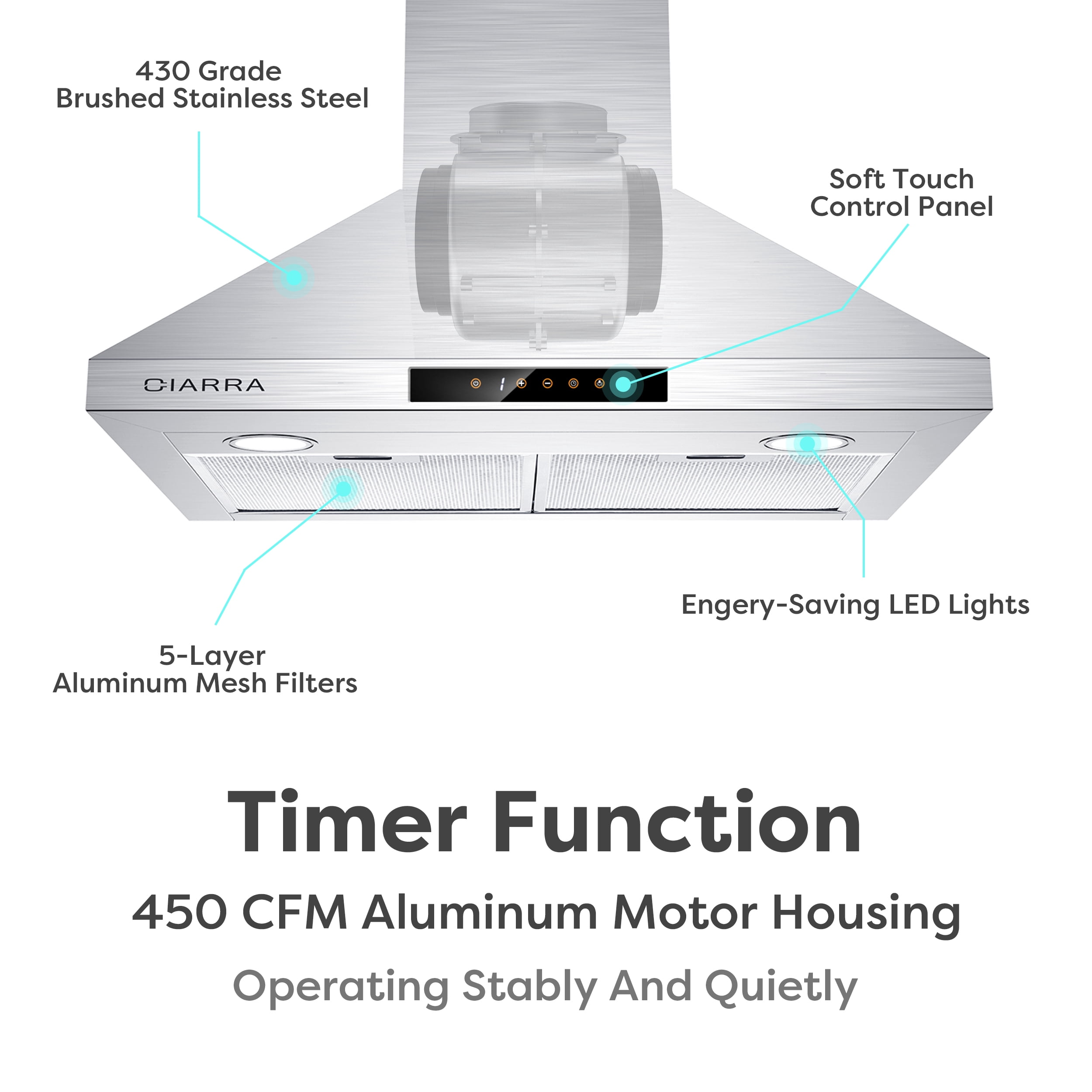 CIARRA Range Hood 30 inch Wall Mount Ductless Vent Hood with Carbon Filter Kit for Recirculating CAS20675-003