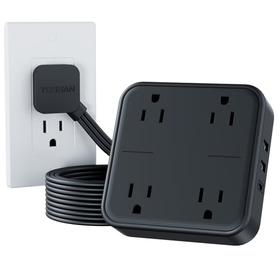 Flat Extension Cord 5Ft, Power Strip with 4 Outlets and 3 USB Ports (1 USB C), Ultra Slim Flat Plug Surge Protector, 900 Joules, Wall Outlet Extender, Black