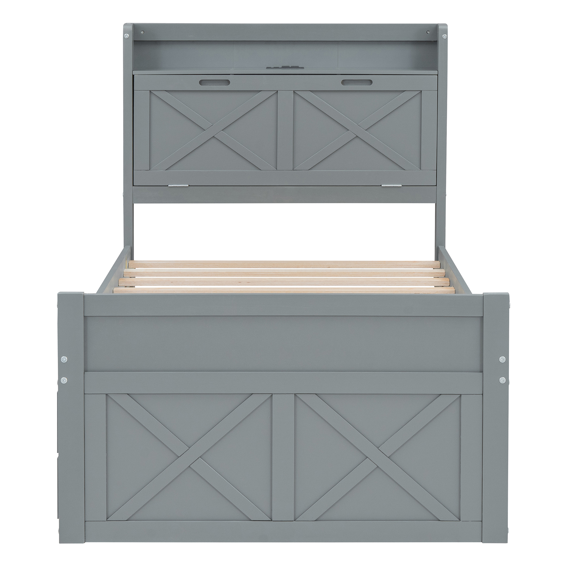 Mintazer Farmhouse Twin Bed with Trundle & 3 Drawers, Extendable Platform Bed with Headboard Storage & Charging Station for Bedroom, Gray