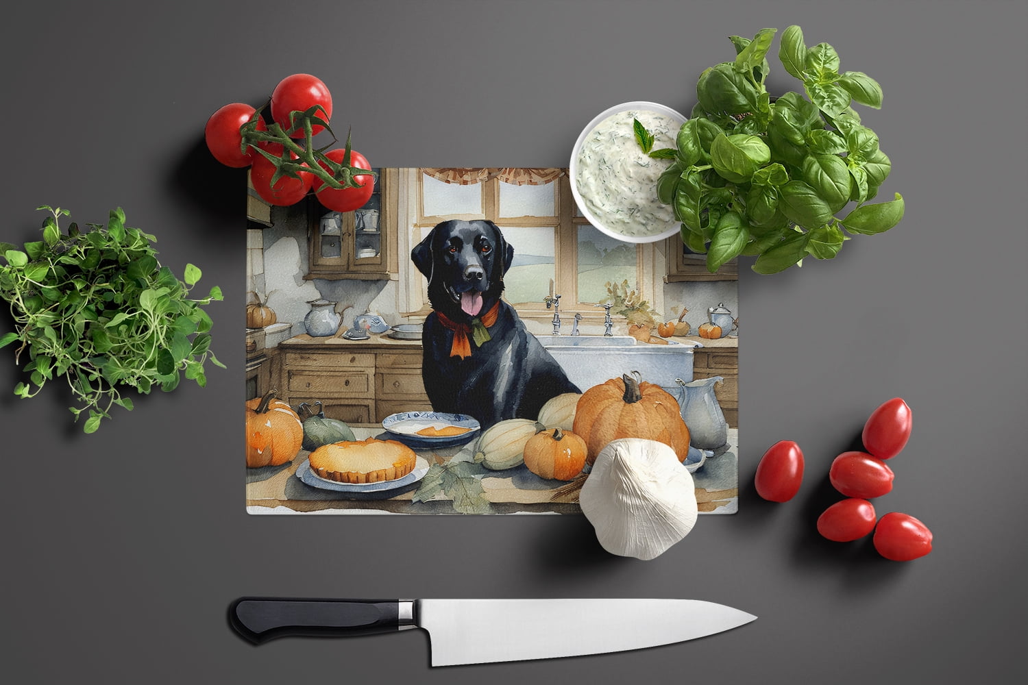 Black Lab Fall Kitchen Pumpkins Glass Cutting Board Large 12 in x 15 in