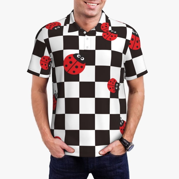 Balery Ladybugs Of Black And White Checkers Camisa Polo de Hombre con Estampado, de Manga Corta y Tejido Medio, Camisa Tipo Golf Polo-4X-Large
