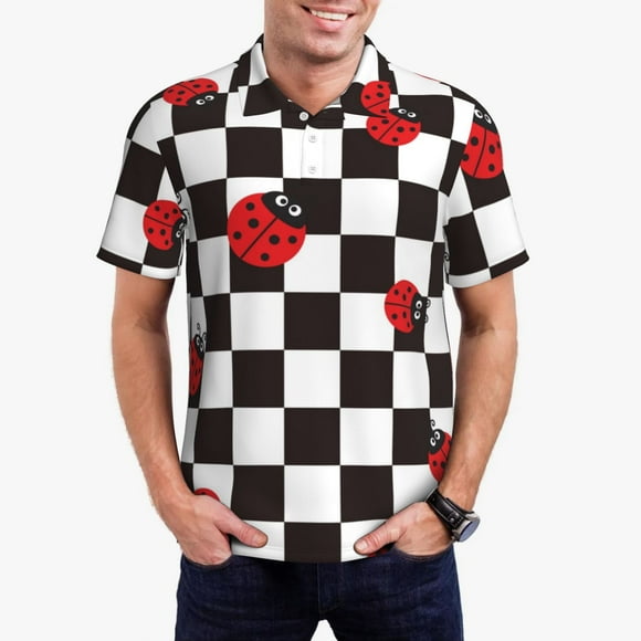 Saiise Ladybugs Of Black And White Checkers Print Mens Golf Shirt Moisture Wicking Quick-Dry Print Performance Polo Shirts for Men-XX-Large
