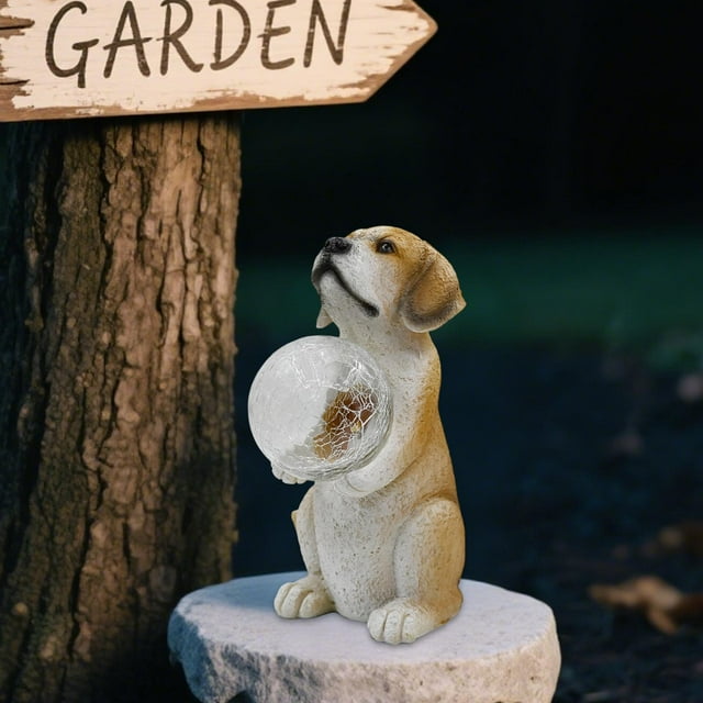 Estatua de perro solar para jardín, escultura de resina con bola de observación, adorno de perro con luz solar para porche, patio, balcón