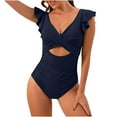 thumbnail image 5 of Women's Ruffled One Piece Swimsuits V Neck Tummy Control Cutout High Waisted Hawaii Floral Print Bathing Suit Navy,S, 5 of 5