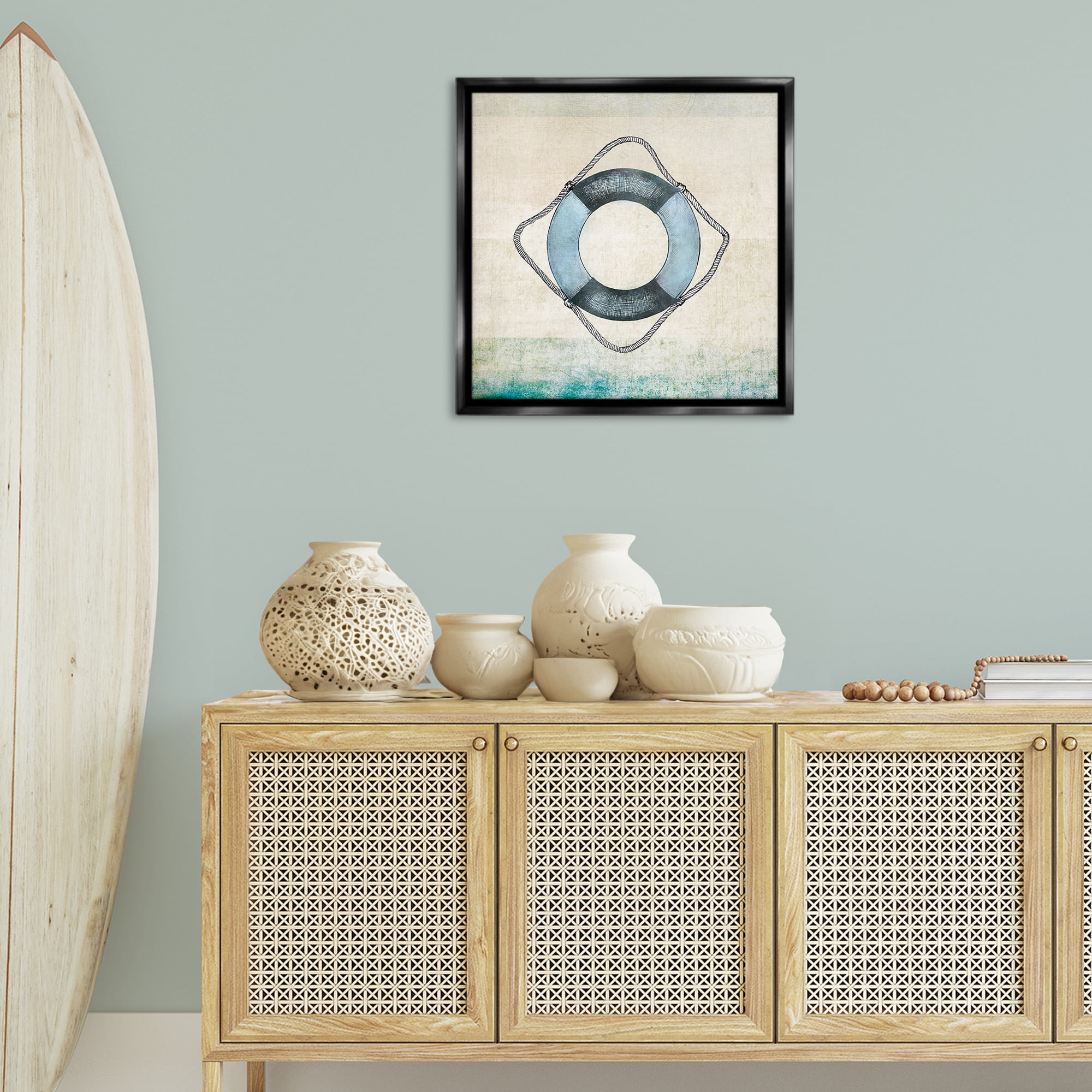 Stupell Industries Rustic Maritime Life Ring Nautical & Beach Painting Black Floater Framed Canvas Art Print Wall Art, 25 x 25