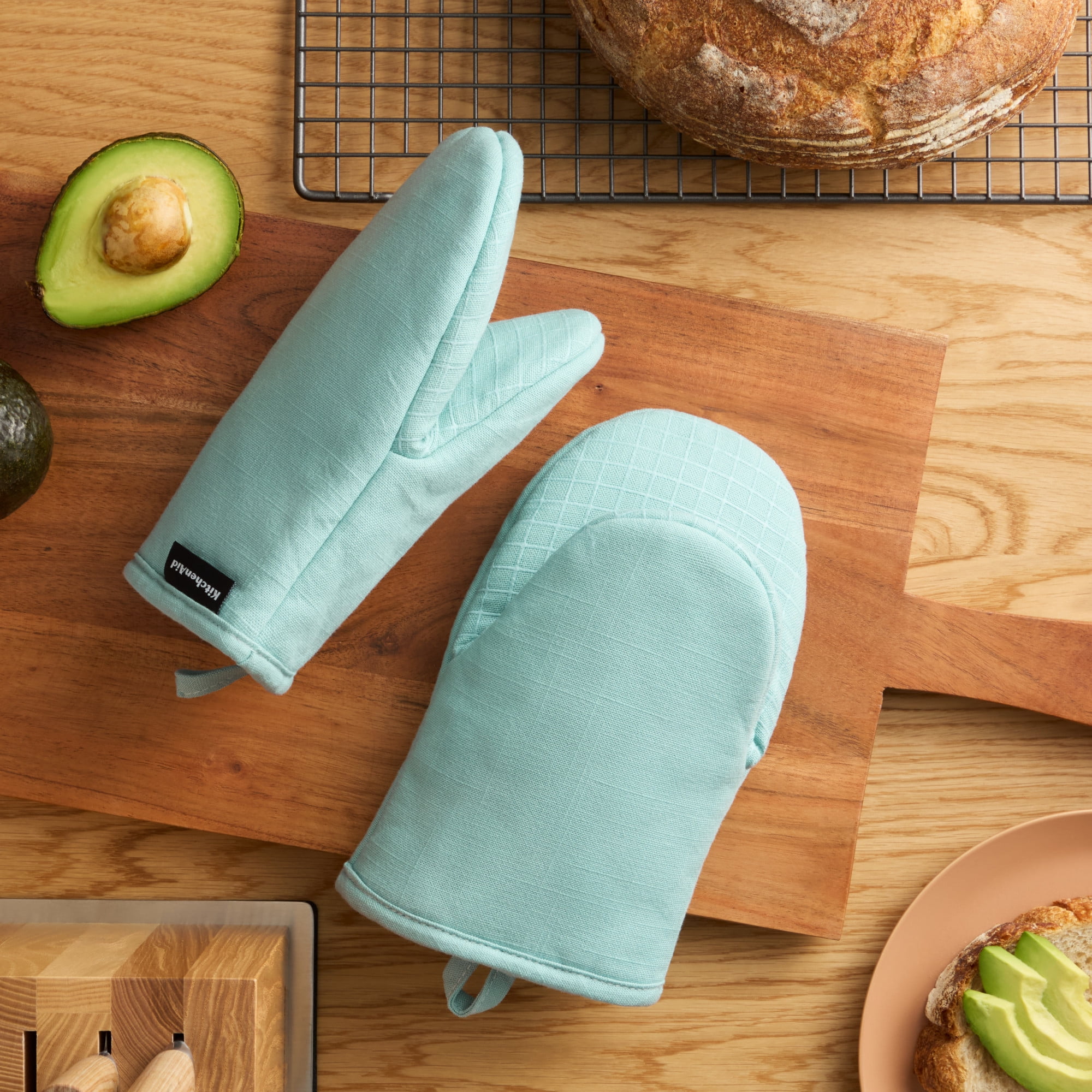 KITCHENAID Gourmet Series Gridlines Mini Oven Mitts 2-Pack Set, Heat Resistant up to 600°F, Soft Silicone Grip, Magnetic Cuff, Mineral Water Aqua, 5.5"x9"