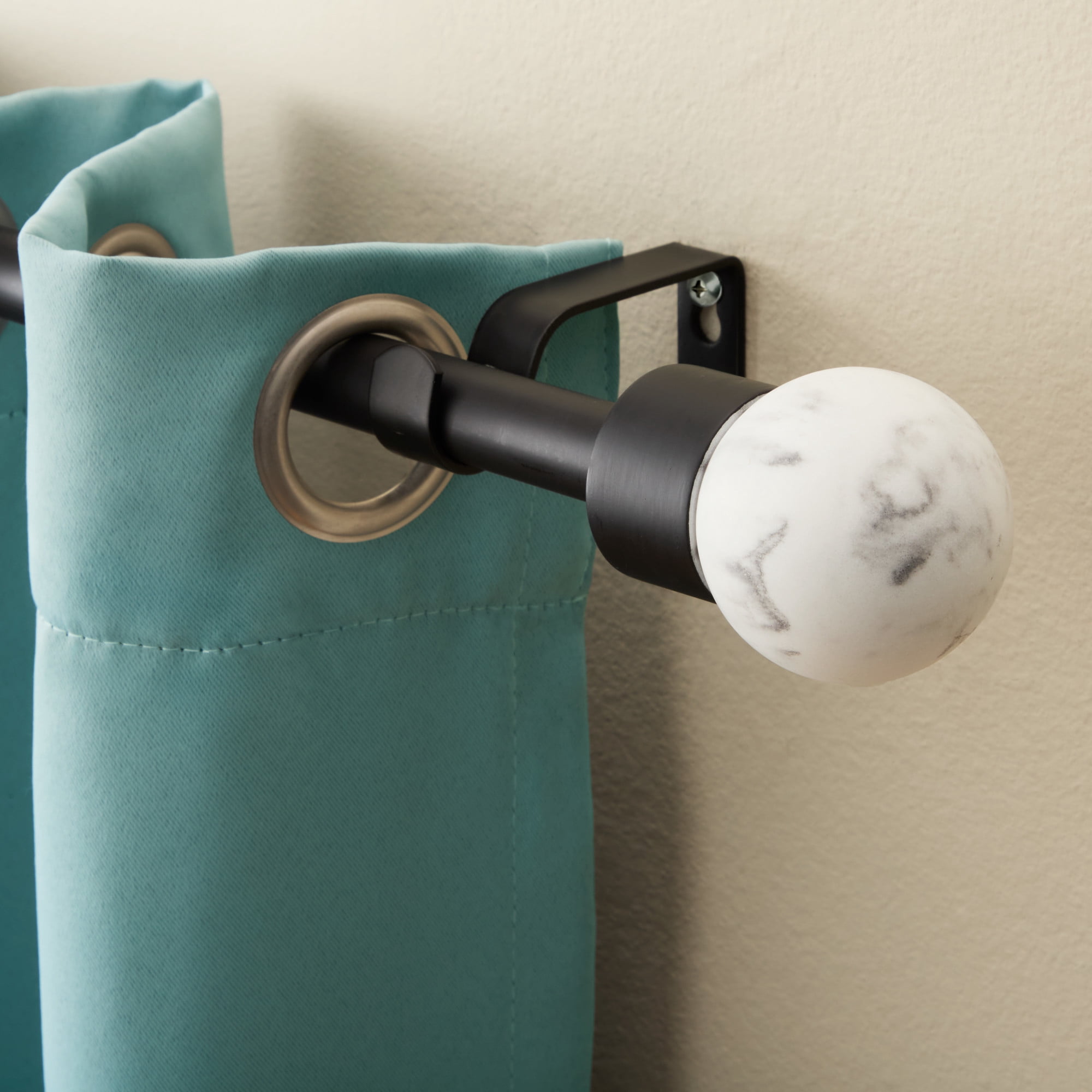 TOWN & COUNTRY LUXE Marbled Sphere Single Indoor Curtain Rod and Finial Set, Natural Marble Stone Look, Easy Install Wall Mount, Matte Black, Adjustable 66”-120”