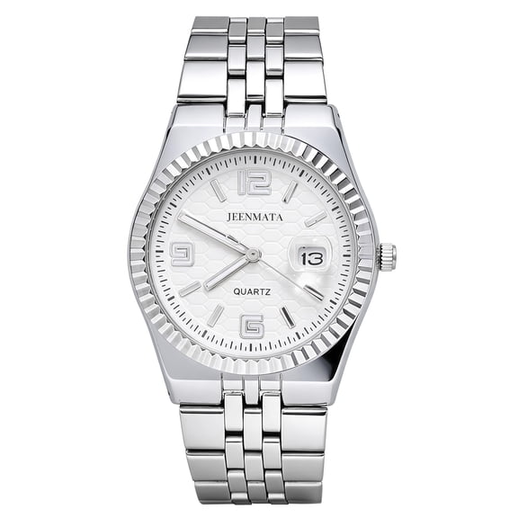 JeenMata Men’s Stainless Steel Fluted Bezel Watch, Water-Resistant White Patterned Dial with Date & Cyclops Lens